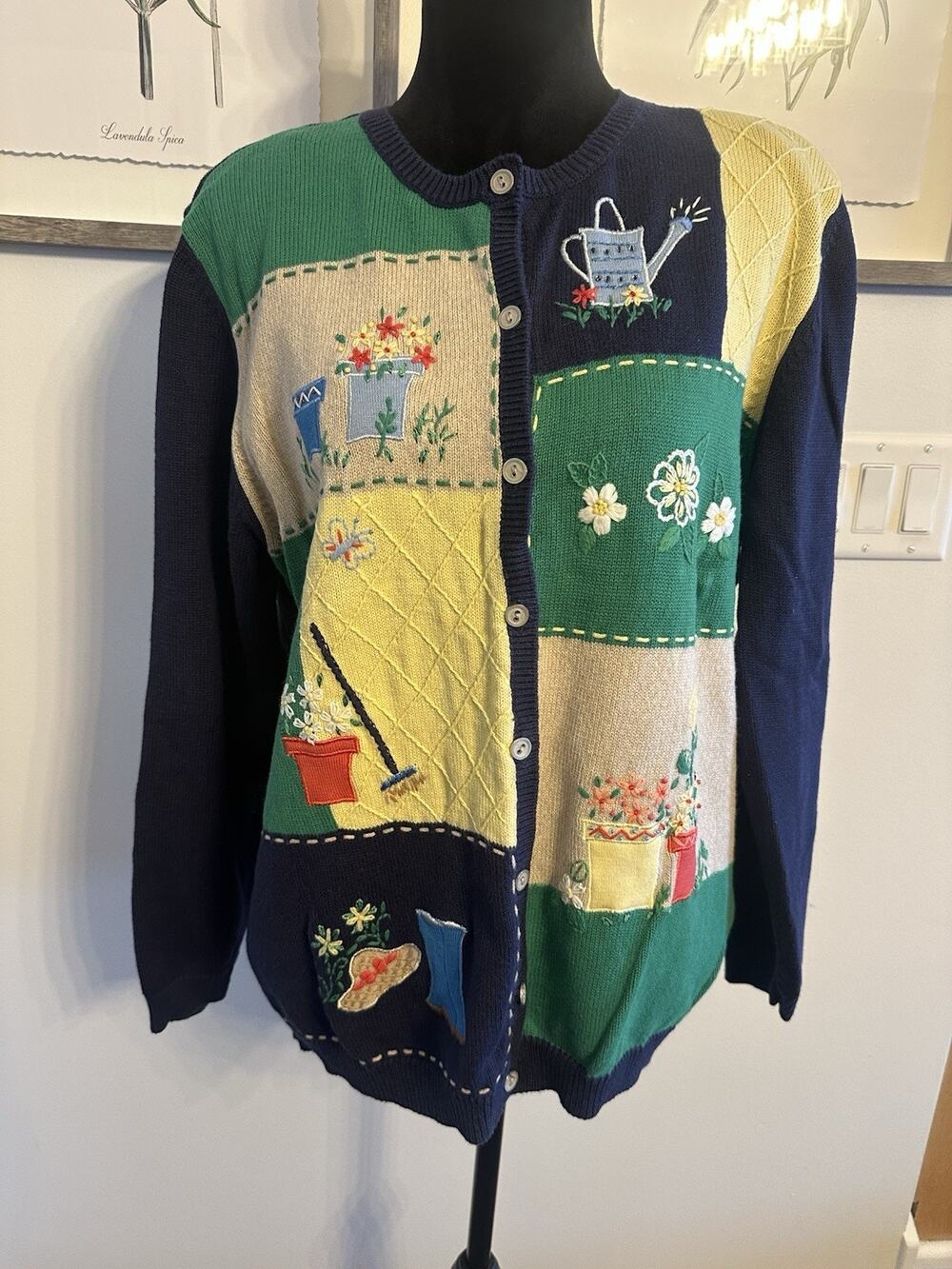 VTG Alfred Dunner Cardigan Sweater Womens 1X Garden Patchwork Floral Embroidery
